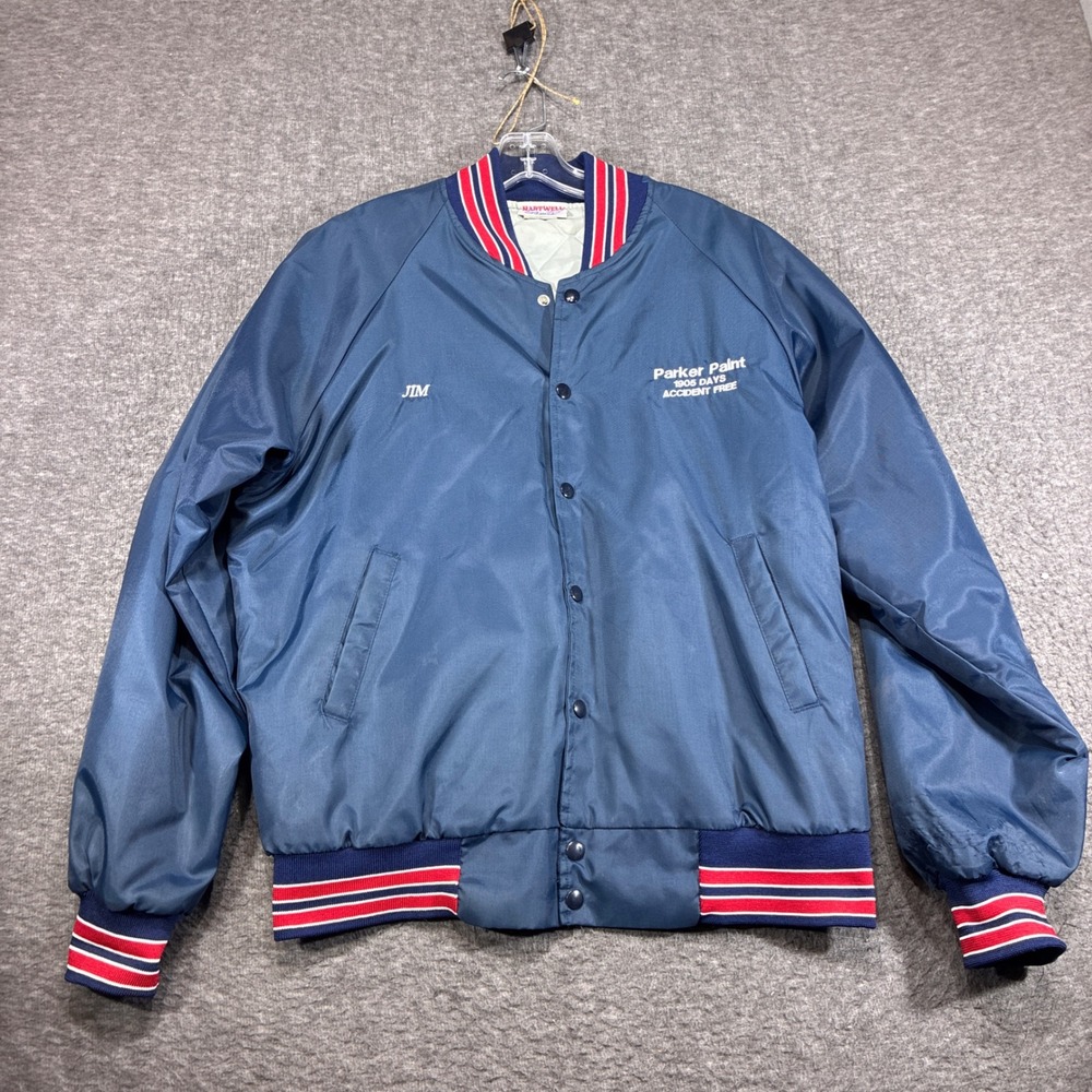 Vintage Parker Paint Jacket Hartwell Sports Bomber Men Large Blue 80s USA Made